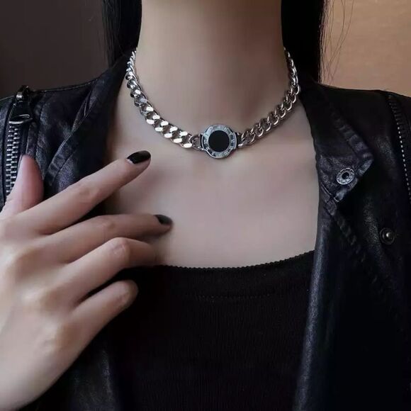 Stainless Steel Double Sided Roman Numerals Necklace in Silver - Picture 3 of 4